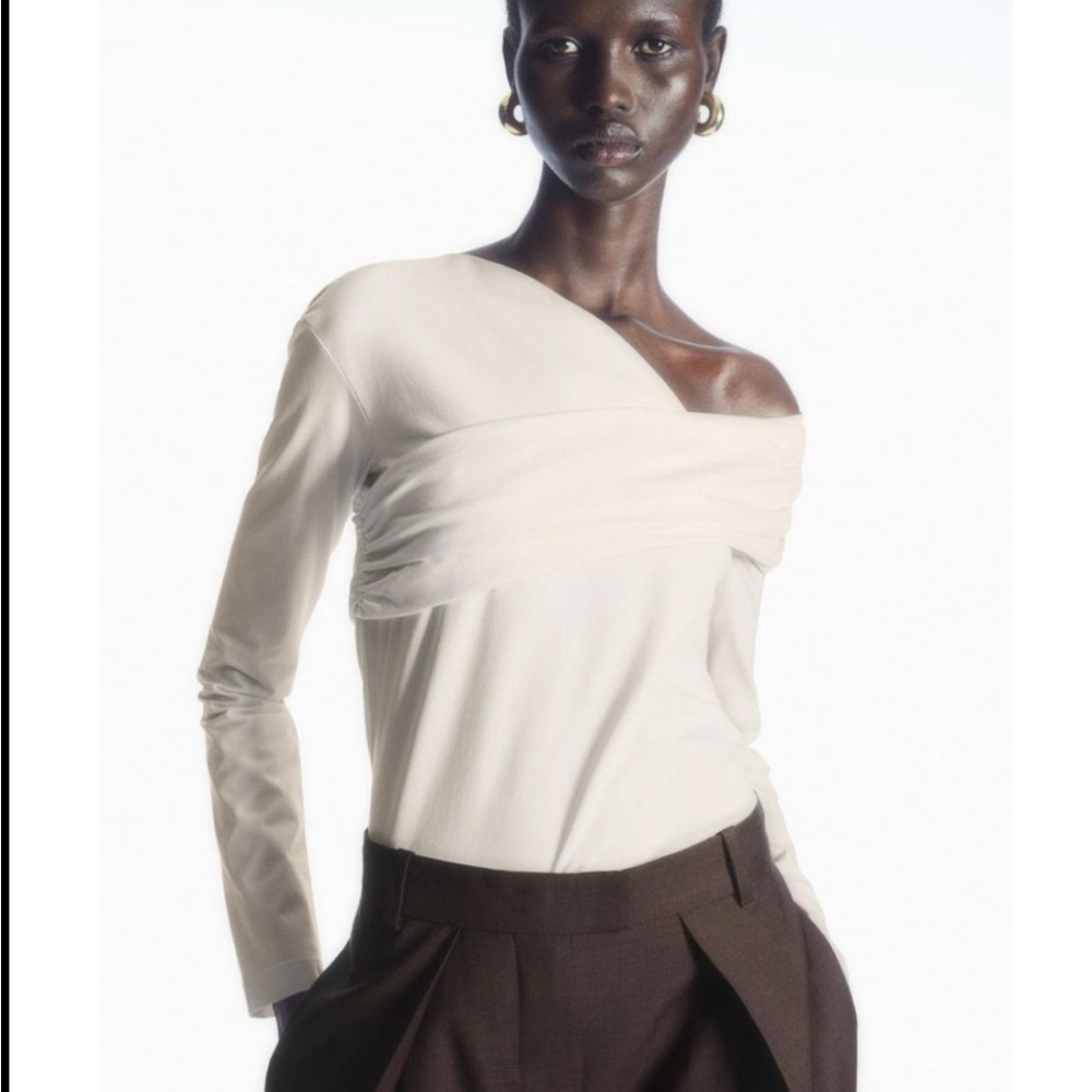 cos creamy white off the shoulder blouse with really cute crossover design